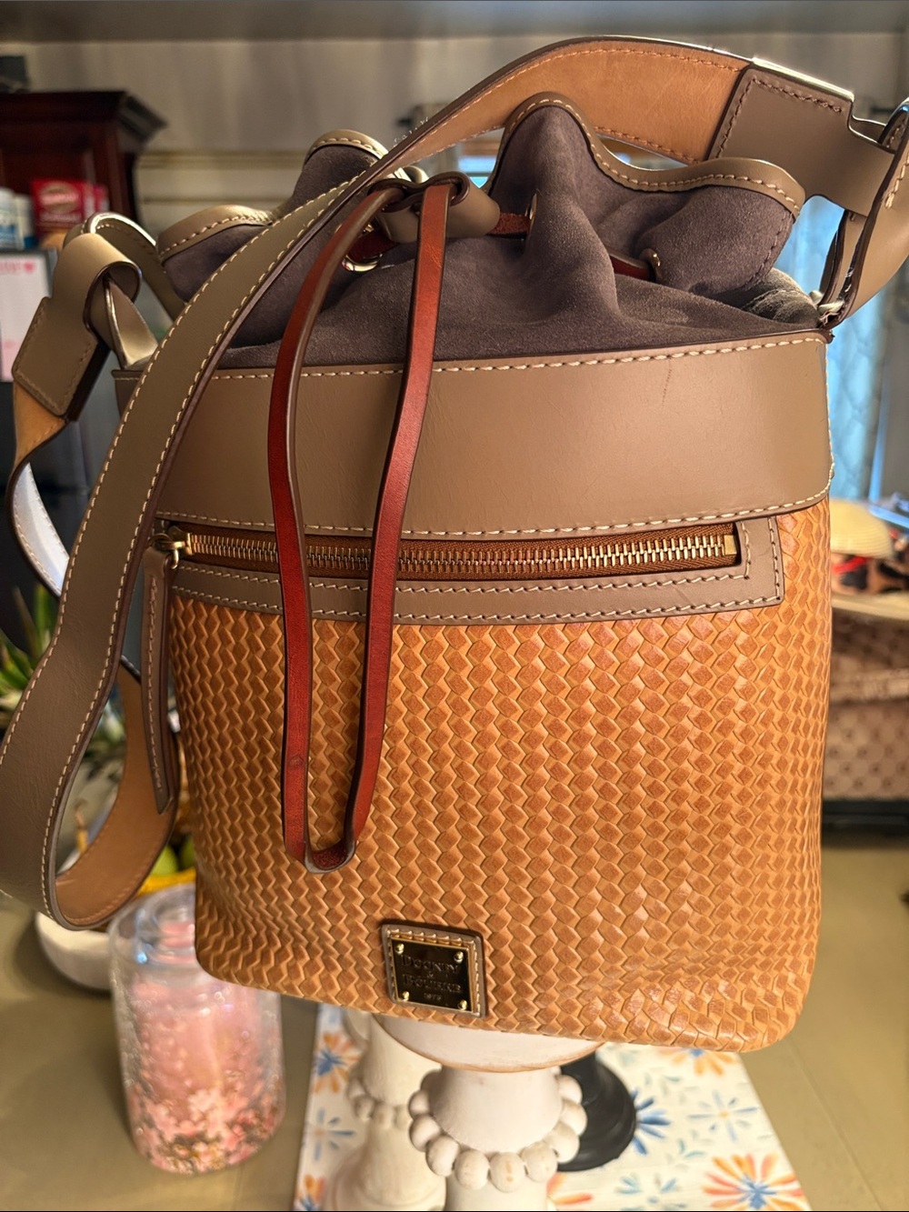 Dooney & Bourke Tan Woven Leather Shoulder Bag with Gold Plaque